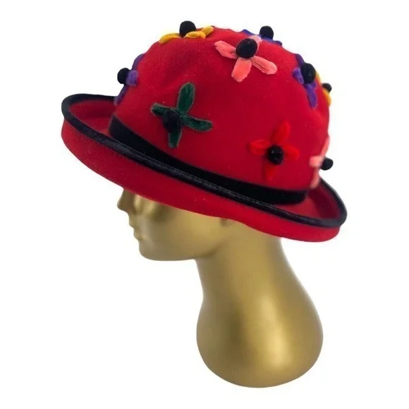 Whittaker & Shon 100% Doeskin Wool Red Felt‎ Hat Velvet Flowers Made In USA - Picture 5 of 15